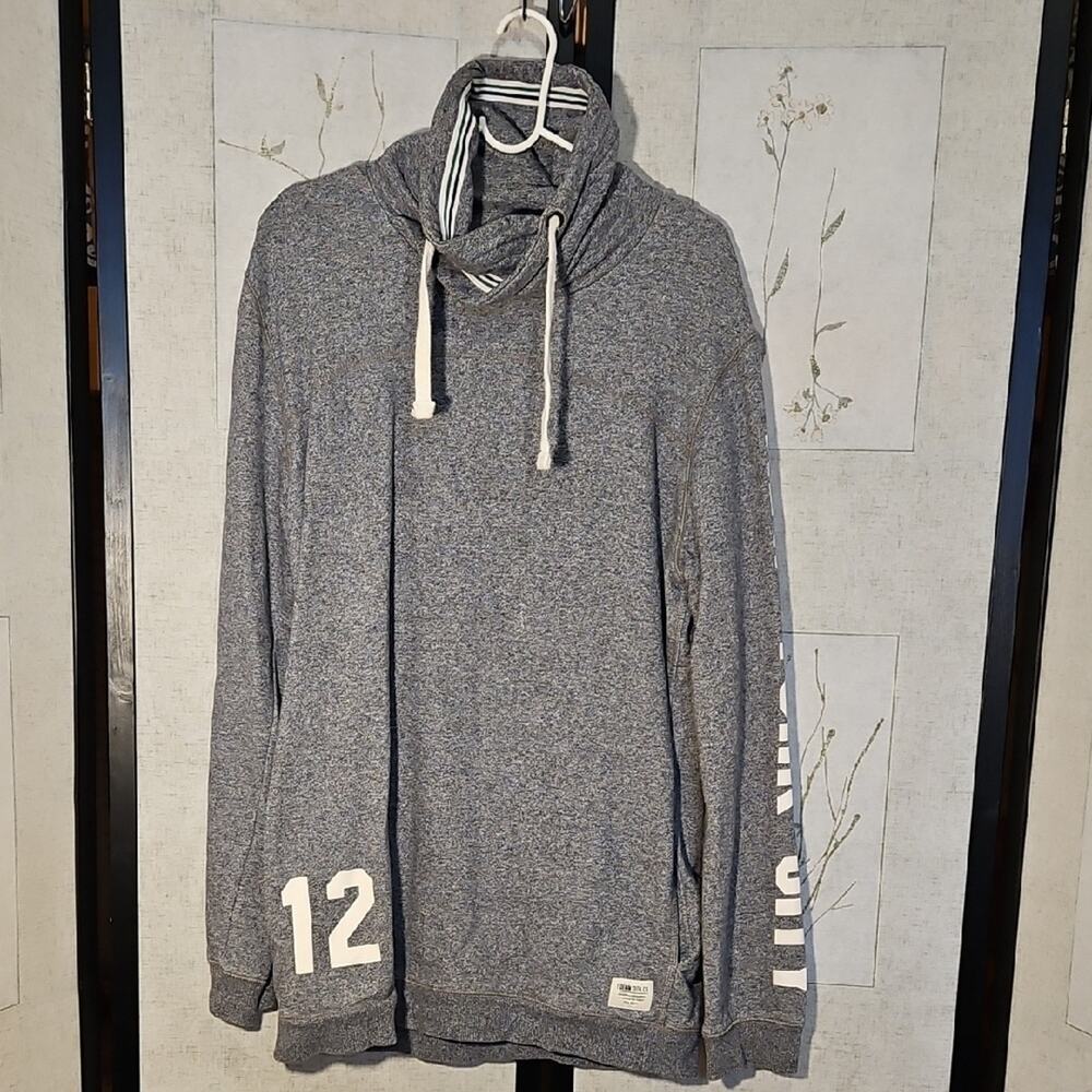 Gray Pullover Hoodie with Drawstrings and Vertical Sleeve Graphics - Picture 1 of 5